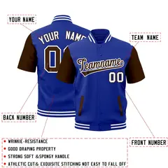 Brown Royal Blue White Short Sleeve Full-Snap Varsity Jacket 2