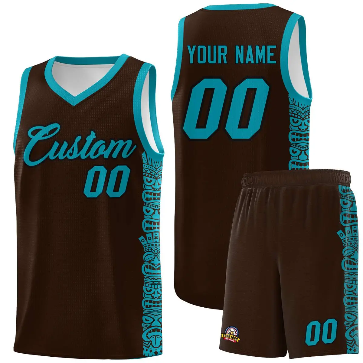 Brown Teal Indians Pattern Sports Uniform Basketball Jersey