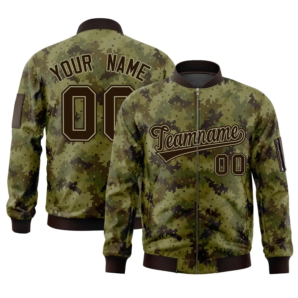 Brown Varsity Full-Zip Camo Letterman Bomber Jacket