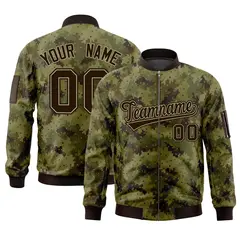 Brown Varsity Full-Zip Camo Letterman Bomber Jacket