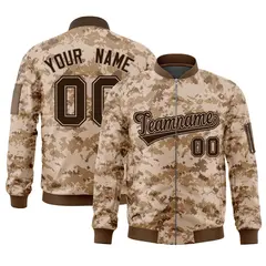 Brown Varsity Full-Zip Camo Letterman Bomber Jacket