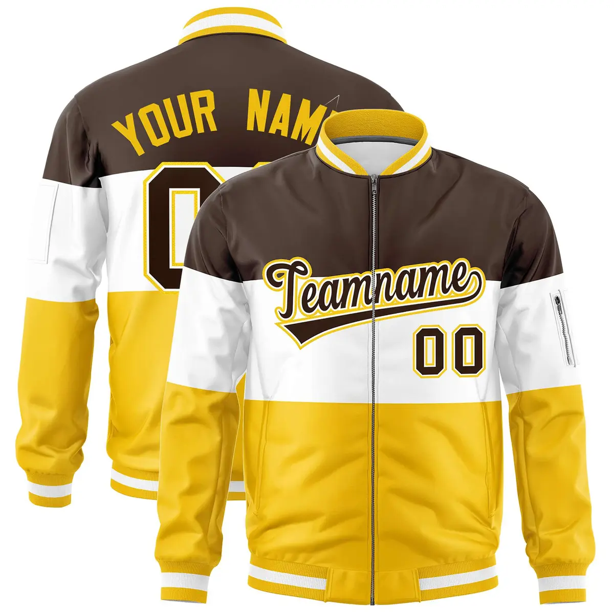 Brown White-Gold Color Block Full-Zip Varsity Letterman Bomber Jacket