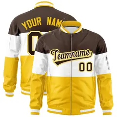 Brown White-Gold Color Block Full-Zip Varsity Letterman Bomber Jacket 1