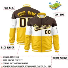 Brown White-Gold Color Block Full-Zip Varsity Letterman Bomber Jacket 2