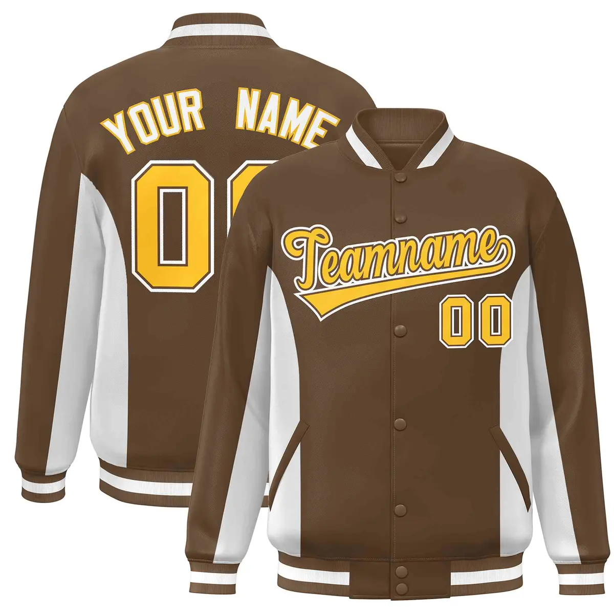 Brown White-Gold Full-Snap Color Block Varsity Letterman Jacket