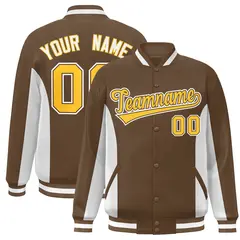 Brown White-Gold Full-Snap Color Block Varsity Letterman Jacket