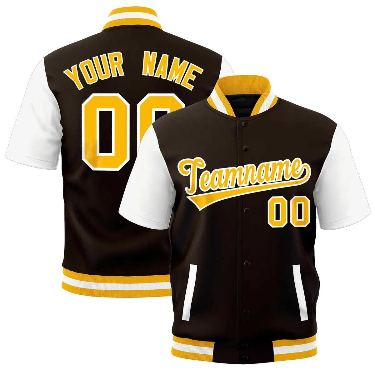 Brown White Gold Full-Snap Short Sleeve Varsity Jacket