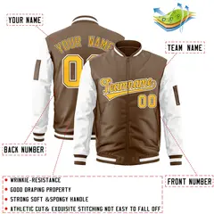 Brown White-Gold Raglan Varsity Full-Zip Letterman Bomber Jacket 2