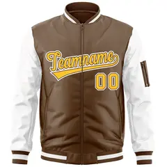 Brown White-Gold Raglan Varsity Full-Zip Letterman Bomber Jacket 3