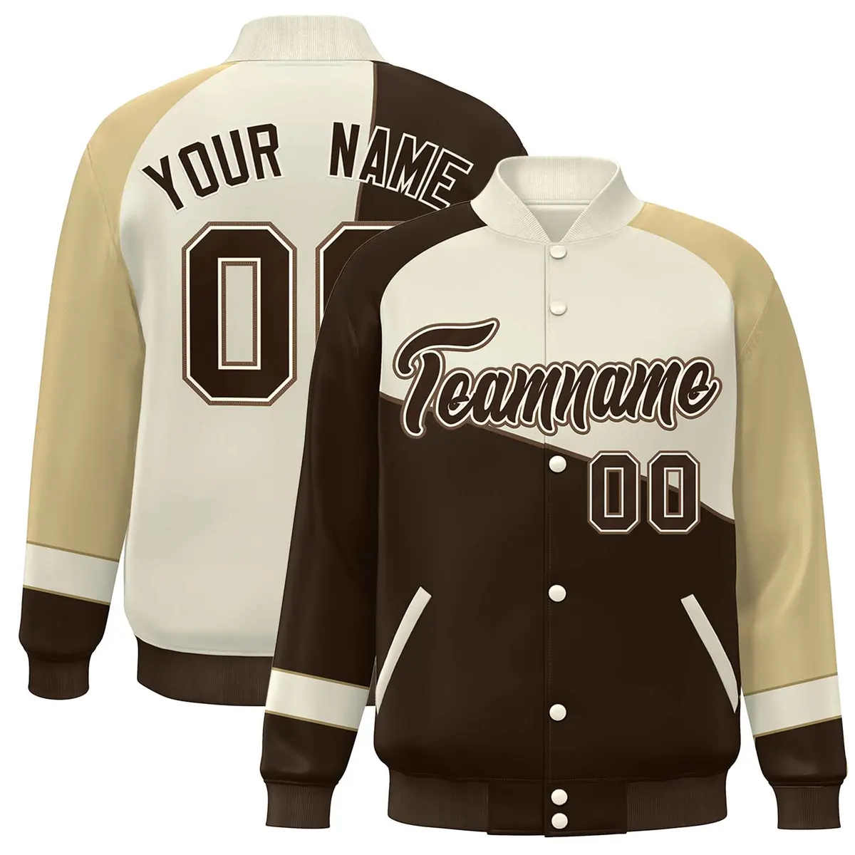 Brown White-Khaki Color Block Varsity Full-Snap Baseball Jacket