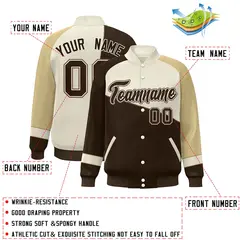 Brown White-Khaki Color Block Varsity Full-Snap Baseball Jacket 2