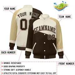 Brown White-Khaki Color Block Varsity Full-Snap Baseball Jacket 2