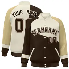 Brown White-Khaki Color Block Varsity Full-Snap Baseball Jacket