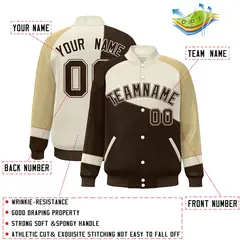 Brown White-Khaki Color Block Varsity Full-Snap Baseball Jacket 2