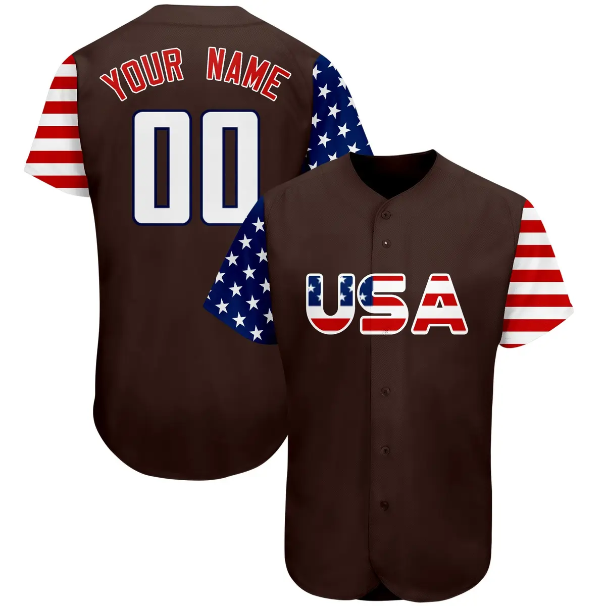 Brown White-Navy American Flag Baseball Jersey