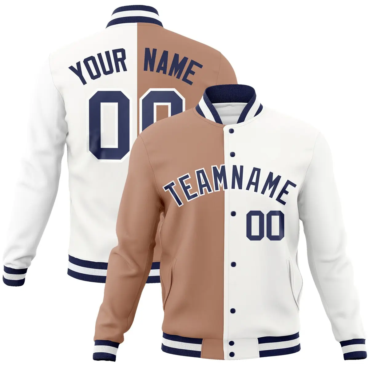 Brown White-Navy Two Tone Split Varsity Full-Snap Letterman Jacket