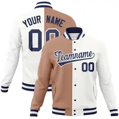 Brown White-Navy Two Tone Split Varsity Full-Snap Letterman Jacket