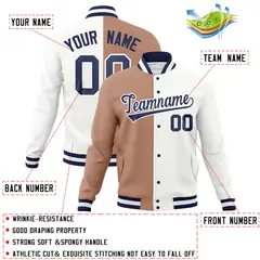 Brown White-Navy Two Tone Split Varsity Full-Snap Letterman Jacket 4