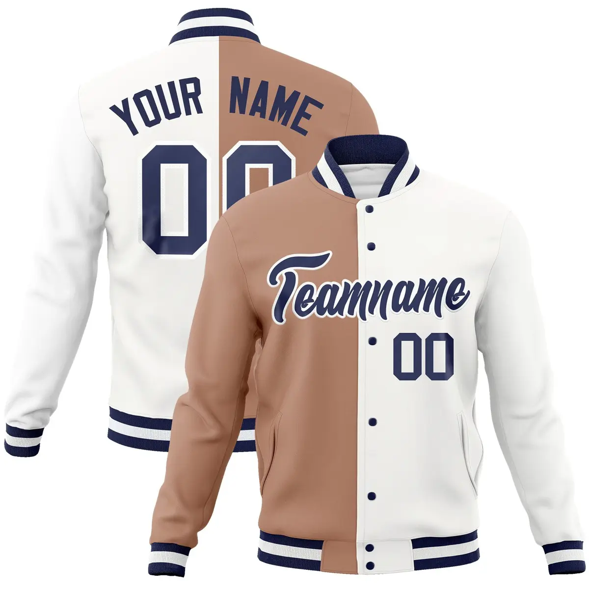 Brown White-Navy Two Tone Split Varsity Full-Snap Letterman Jacket