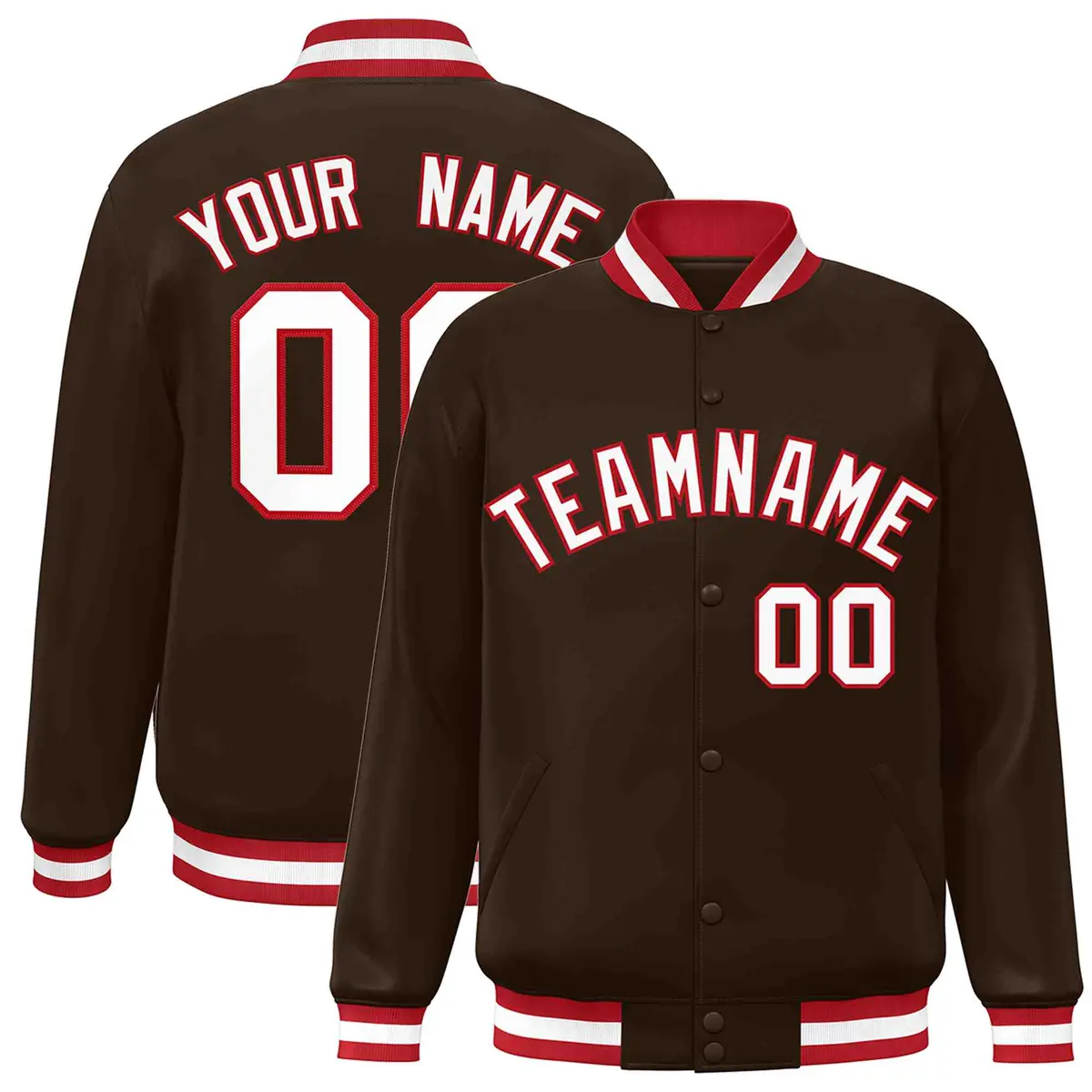 Brown White-Red Classic Varsity Full-Snap Letterman Jacket
