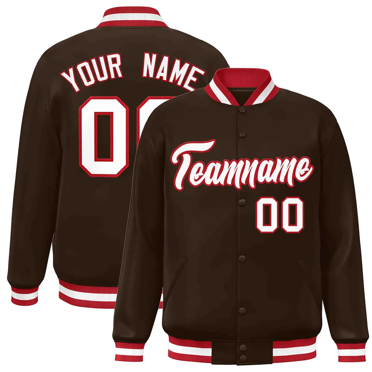 Brown White-Red Classic Varsity Full-Snap Letterman Jacket