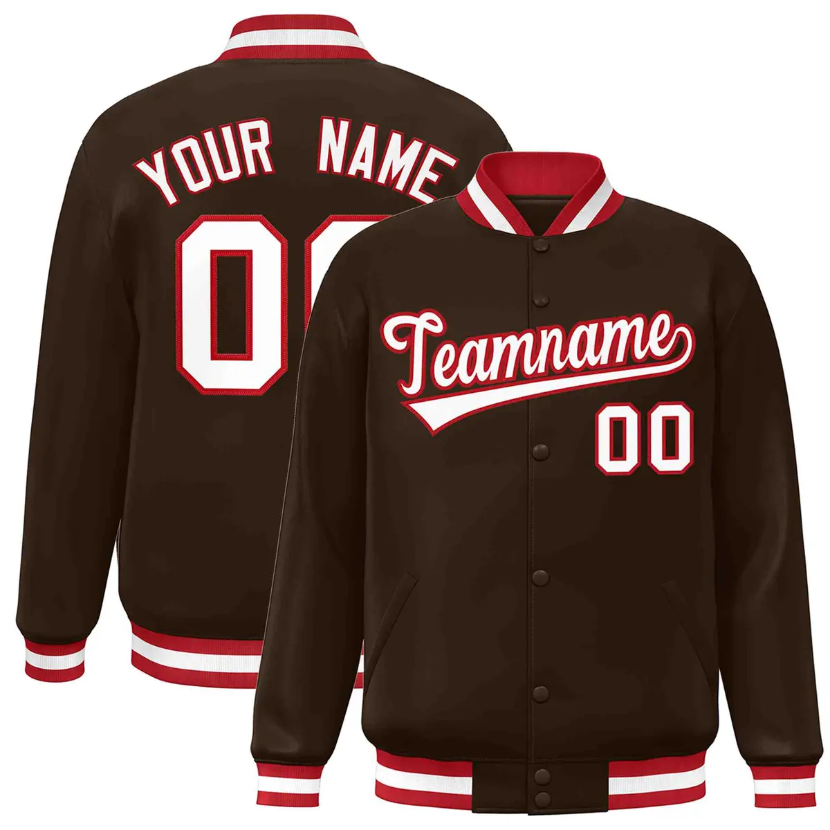 Brown White-Red Classic Varsity Full-Snap Letterman Jacket