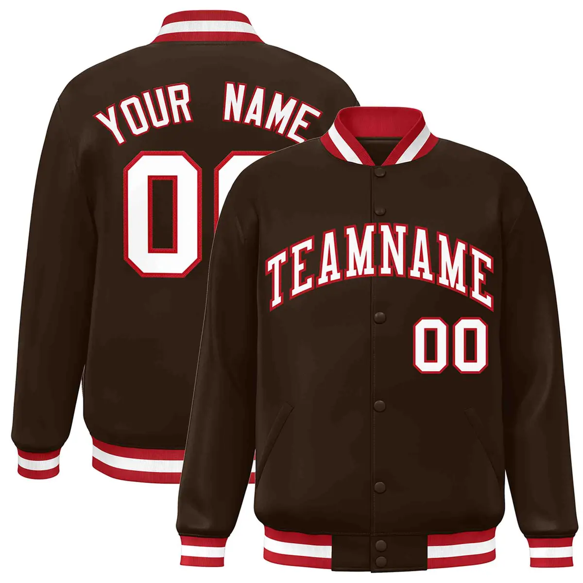 Brown White-Red Classic Varsity Full-Snap Letterman Jacket