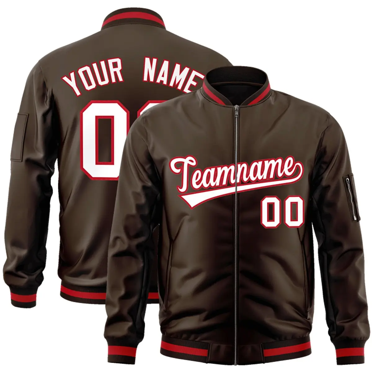 Brown White-Red Varsity Full-Zip Letterman Bomber Jacket