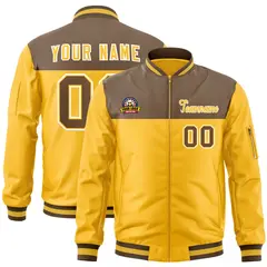 Brown Yellow Color Block Varsity Full-Zip Letterman Bomber Jacket