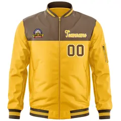 Brown Yellow Color Block Varsity Full-Zip Letterman Bomber Jacket 3