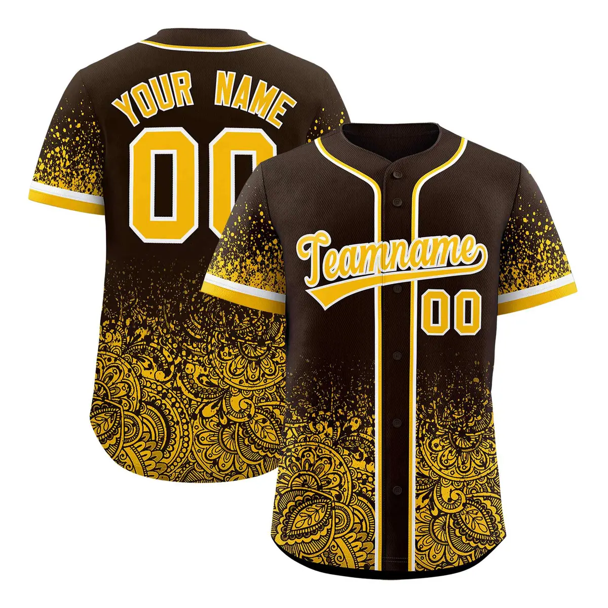 Brown Yellow Floral Gradient Full Button Baseball Jersey