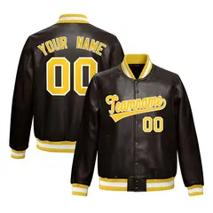 Brown Yellow Full-Snap Faux Leather Varsity Letterman Jacket 1