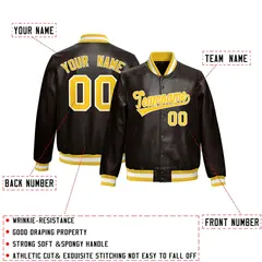 Brown Yellow Full-Snap Faux Leather Varsity Letterman Jacket 2