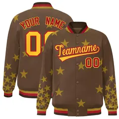 Brown Yellow-Red Star Graffiti Varsity Full-Snap Bomber Jacket