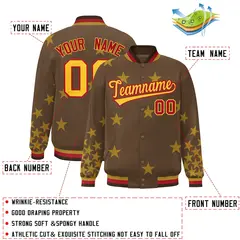 Brown Yellow-Red Star Graffiti Varsity Full-Snap Bomber Jacket 2