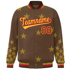 Brown Yellow-Red Star Graffiti Varsity Full-Snap Bomber Jacket 3