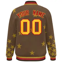 Brown Yellow-Red Star Graffiti Varsity Full-Snap Bomber Jacket 4
