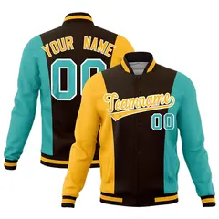 Brown Yellow Teal Three Color Block Varsity Letterman Jacket