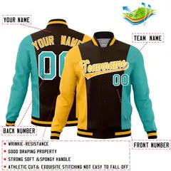 Brown Yellow Teal Three Color Block Varsity Letterman Jacket 2
