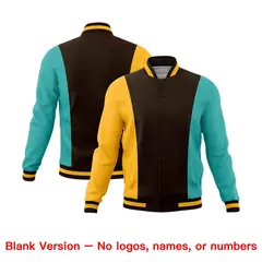Brown Yellow Teal Three Color Block Varsity Letterman Jacket 7