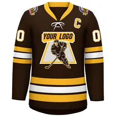 Brown Yellow-White Lace-Up Neck Hockey Jersey 3