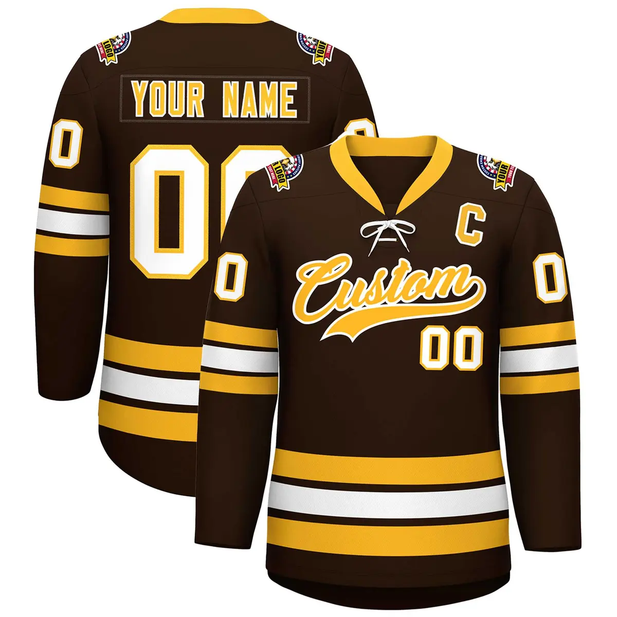 Brown Yellow-White Lace-Up Neck Hockey Jersey