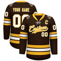 Brown Yellow-White Lace-Up Neck Hockey Jersey