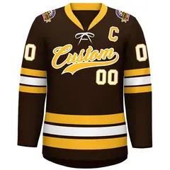 Brown Yellow-White Lace-Up Neck Hockey Jersey 3