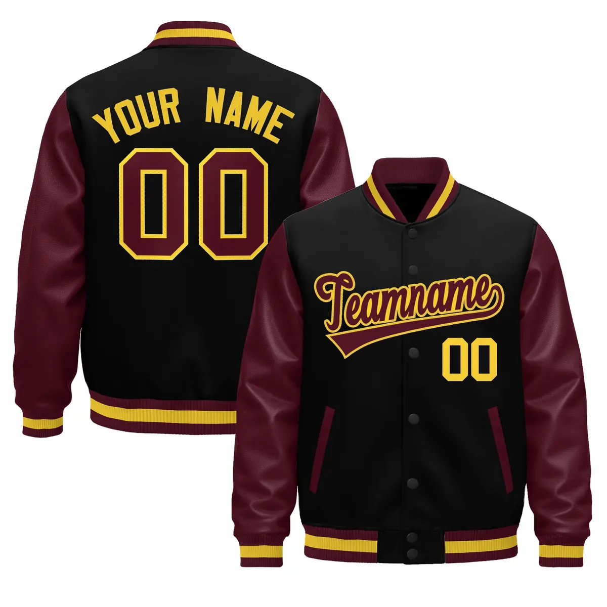 Burgundy Black Crimson Gold Raglan Varsity Full-Snap Leather Sleeves Letterman Jacket