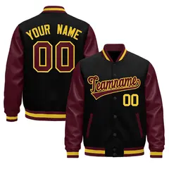 Burgundy Black Crimson Gold Raglan Varsity Full-Snap Leather Sleeves Letterman Jacket