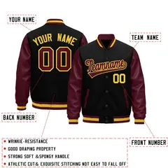 Burgundy Black Crimson Gold Raglan Varsity Full-Snap Leather Sleeves Letterman Jacket 2