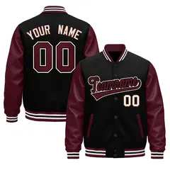 Burgundy Black Crimson Raglan Varsity Full-Snap Leather Sleeves Letterman Jacket