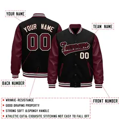 Burgundy Black Crimson Raglan Varsity Full-Snap Leather Sleeves Letterman Jacket 2