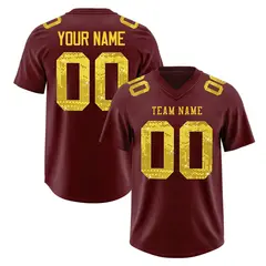 Burgundy Gold Sequin Lettering Stretch Fabric Football Jersey